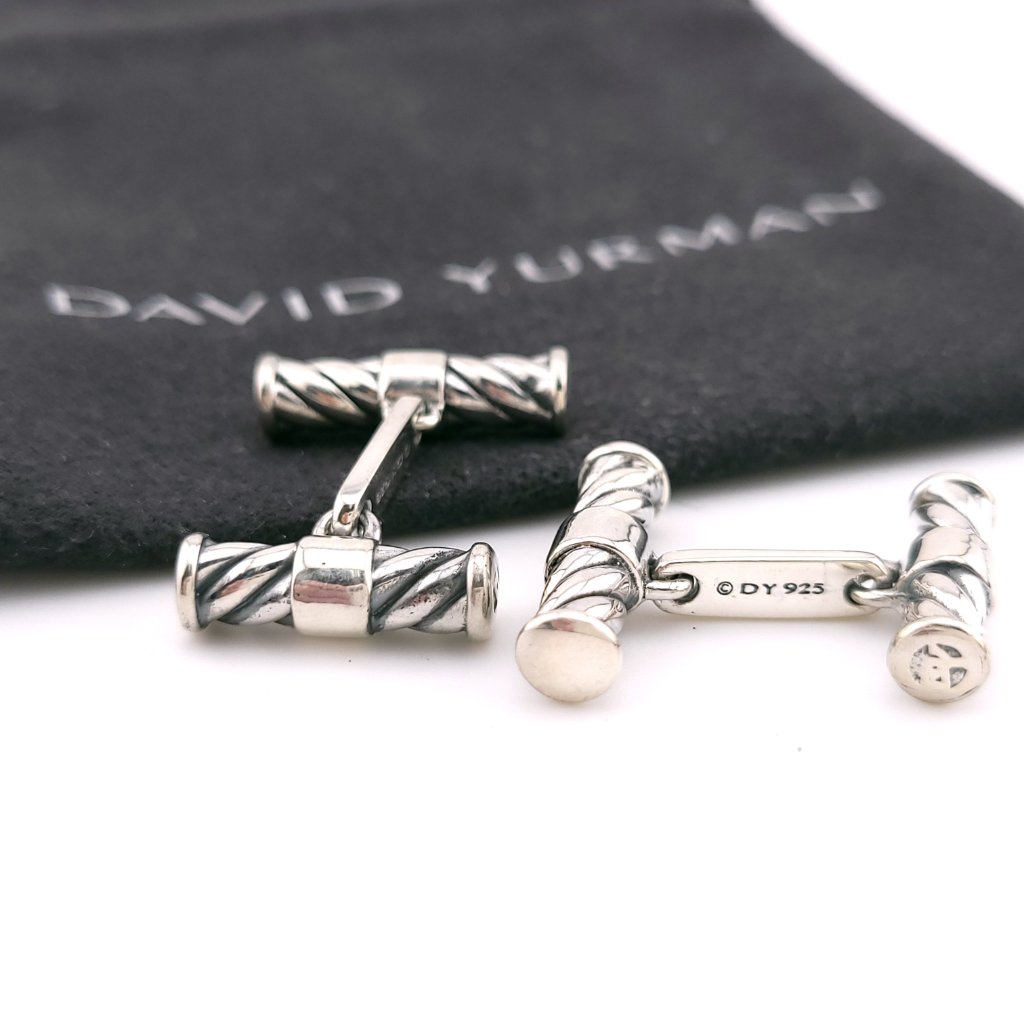 Vintage David Yurman Sterling Silver Cable Bar Cuff Links Cufflinks With Pouch